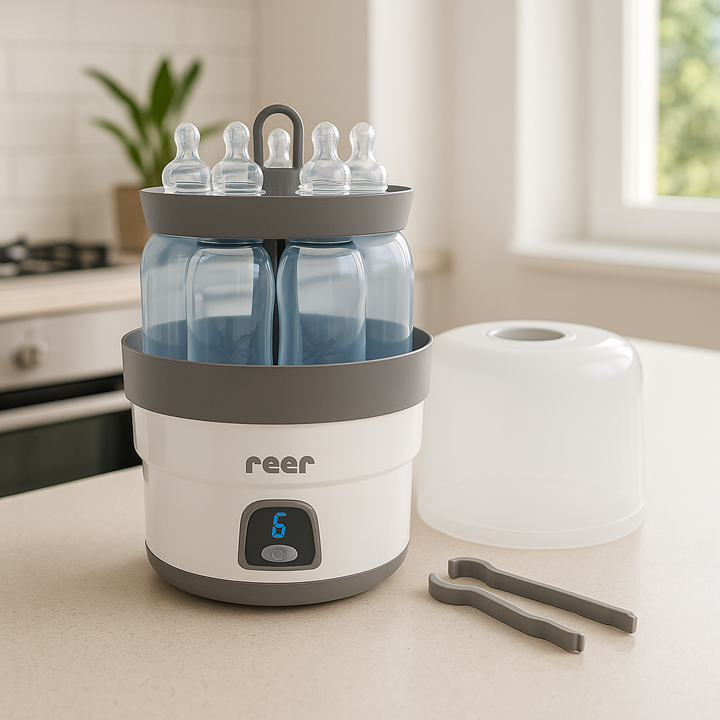 Stérilisateur biberons électrique compact avec capacité 6 biberons, stérilisation vapeur rapide en 8 minutes, élimine 99,9% des bactéries.