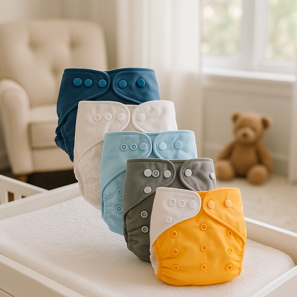 Lot de 5 couches lavables ajustables en différentes couleurs avec boutons-pression, écologiques et économiques pour bébé.