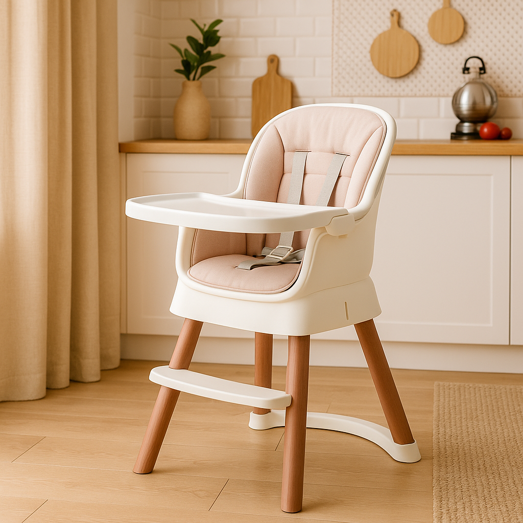 Chaise haute évolutive 3-en-1 en bois massif avec harnais 5 points et plateau amovible, design scandinave pour bébé et enfant jusqu'à 10 ans