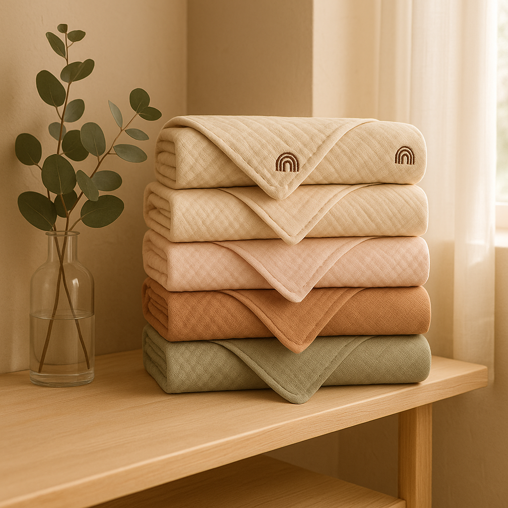 Lot de 5 langes mousseline XXL en coton ultra-doux et respirant, motifs modernes, couleurs naturelles, pliés sur une table en bois avec plante décorative.