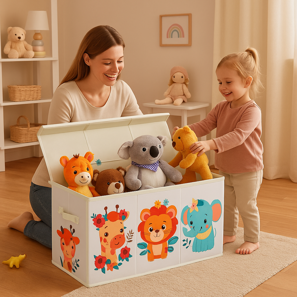 Coffre à jouets pliable XXL avec couvercle, motifs animaux colorés, rangement pratique pour peluches et jouets enfants