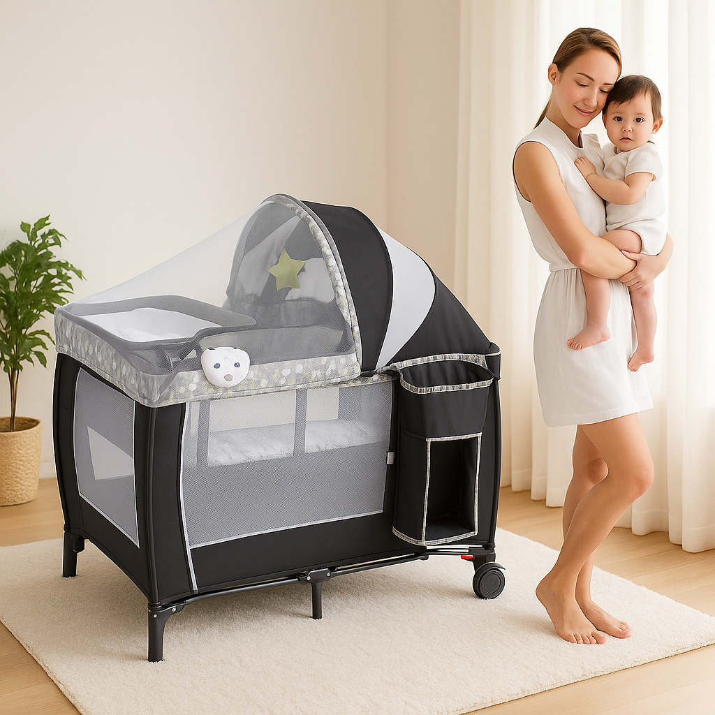 Lit parapluie bébé pliable avec matelas, sac de transport, fenêtres en maille et roulettes pour déplacements faciles.