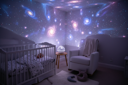 Chambre bébé avec veilleuse projection galaxie étoiles et nébuleuses paisible ambiance nuit