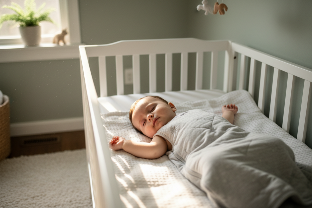 Baby sleeping peacefully in a white gigoteuse évolutive sleep sack in a crib with soft sunlight and neutral nursery decor
