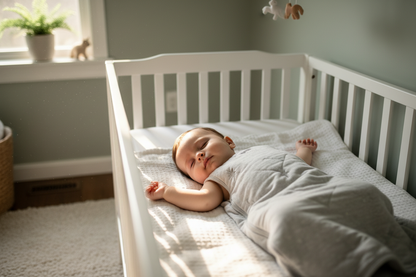 Baby sleeping peacefully in a white gigoteuse évolutive sleep sack in a crib with soft sunlight and neutral nursery decor