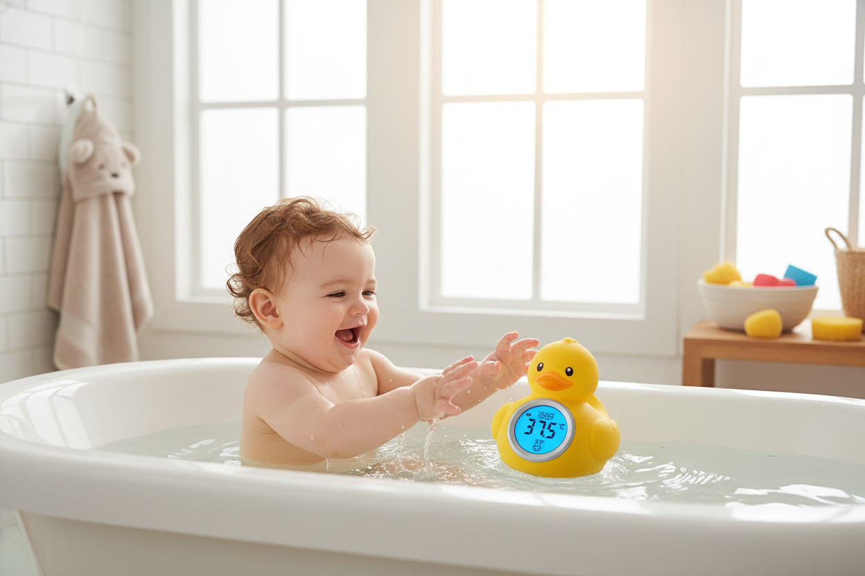 Texte ALT : Thermomètre de bain bébé flottant LED digital sécurité
