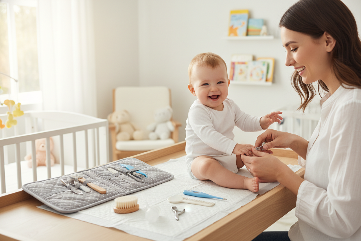 Texte ALT : Set toilette bébé 13 pièces complet kit soin hygiène avec trousse
